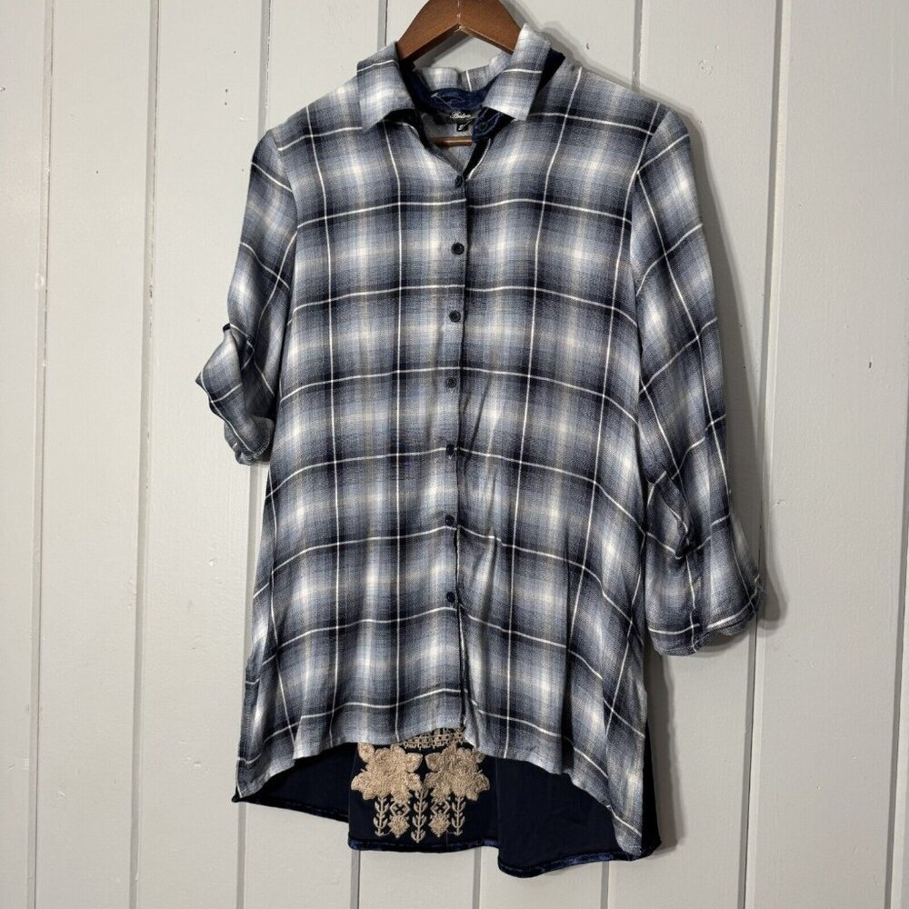 ANDREE BY UNIT Plaid Crushed Velvet Embroidered Floral Blue Tunic Top‎ Shirt S
